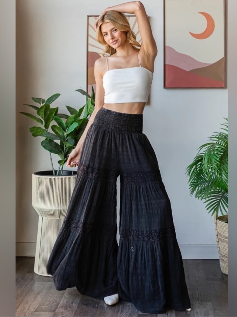 New: Oli & Hali Smocked Waist Lace Detail Tiered Wide Leg Pants• Medium